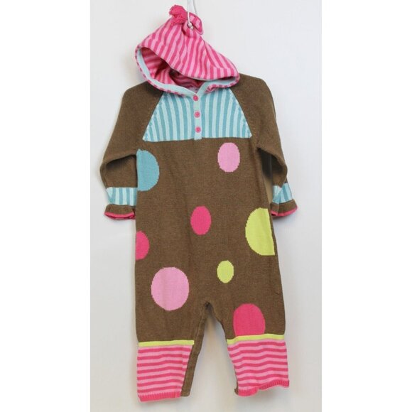 Hanna Andersson Romper Baby Sz 80 US 2 Hooded Sweater Brown Polka Dots Stripes - Picture 1 of 11